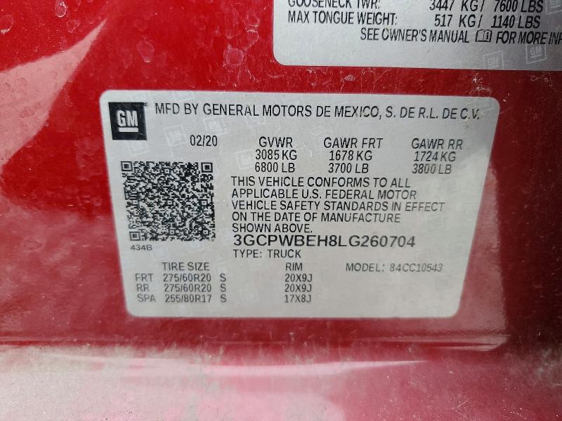 Продажа на аукционе авто 2020 Chevrolet Silverado, vin: 3GCPWBEH8LG260704, номер лота: 54059966