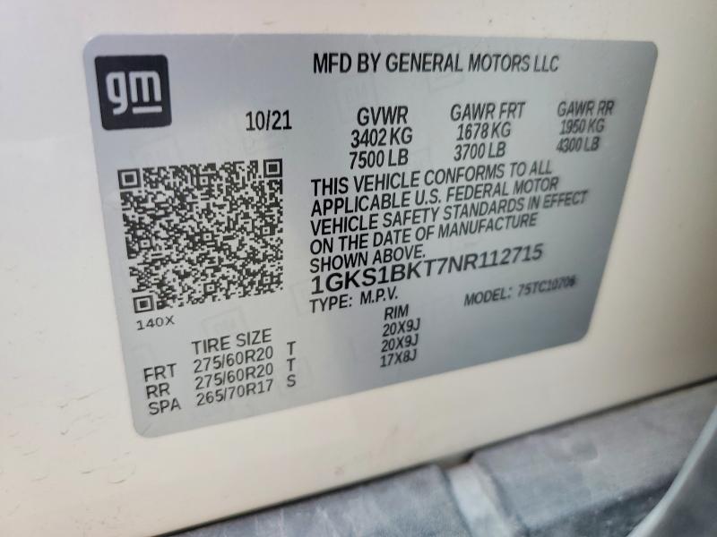Aukcja sprzedaży 2022 Gmc Yukon, vin: 1GKS1BKT7NR112715, numer aukcji: 51874096