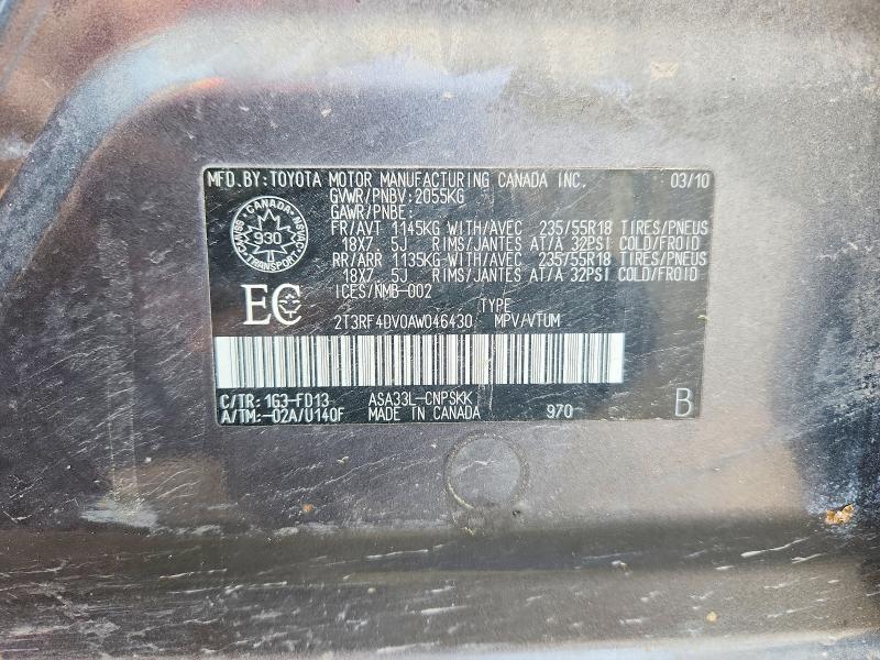 53425886 :رقم المزاد ، 2T3RF4DV0AW046430 vin ، 2010 Toyota Rav4 مزاد بيع