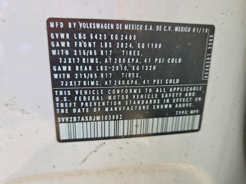 2018 Volkswagen Tiguan მანქანა იყიდება აუქციონზე, vin: 3VV2B7AX8JM103982, აუქციონის ნომერი: 53096966