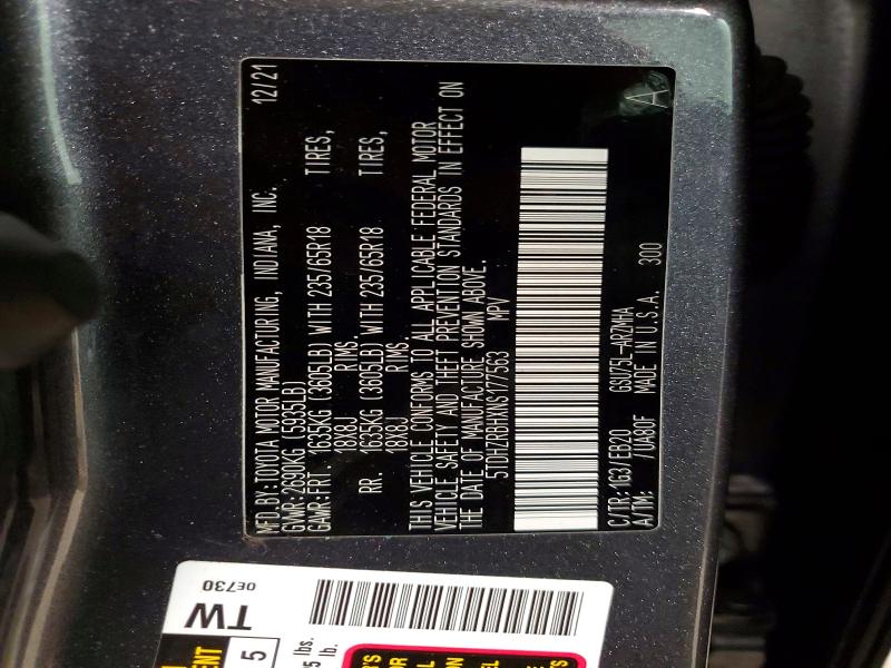 52578386 :رقم المزاد ، 5TDHZRBHXNS177563 vin ، 2022 Toyota Highlander مزاد بيع