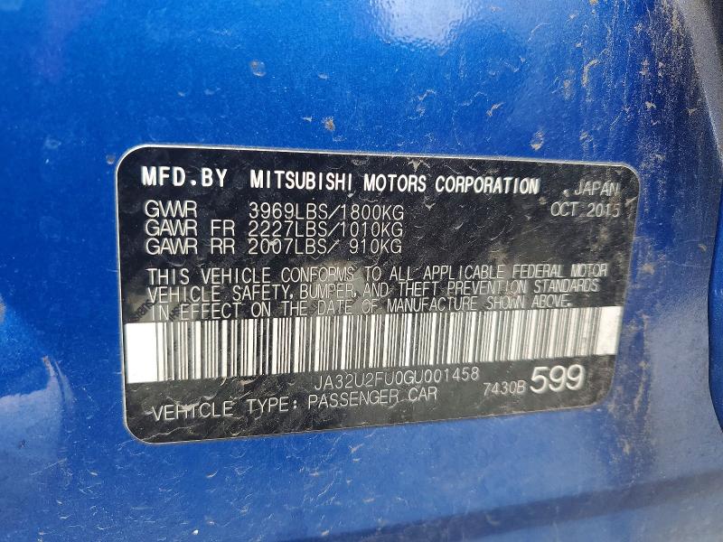Aukcja sprzedaży 2016 Mitsubishi Lancer, vin: JA32U2FU0GU001458, numer aukcji: 52435766