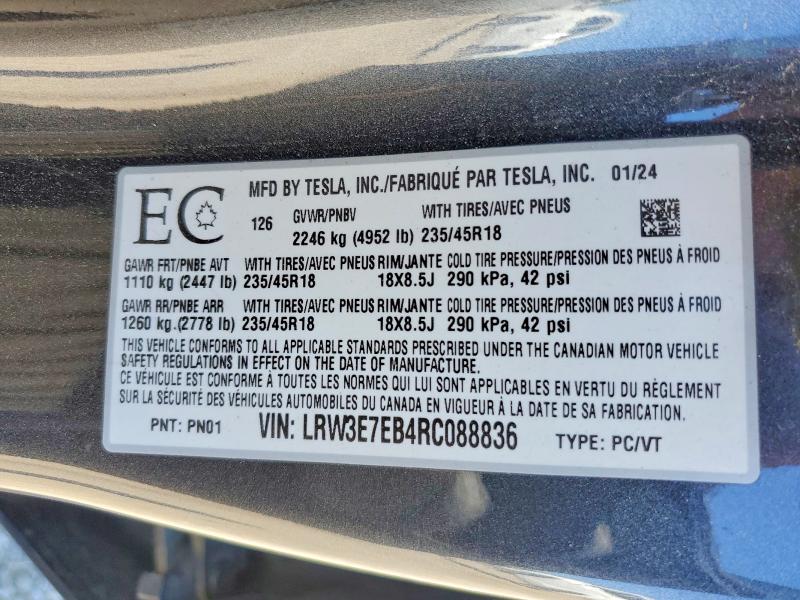 Продажа на аукционе авто 2024 Tesla Model 3, vin: LRW3E7EB4RC088836, номер лота: 54662696