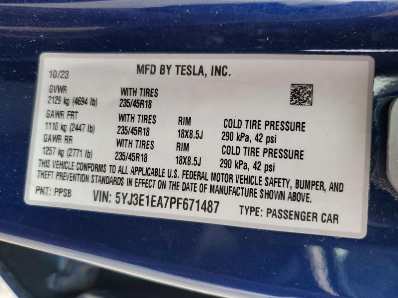 2023 Tesla Model 3 მანქანა იყიდება აუქციონზე, vin: 5YJ3E1EA7PF671487, აუქციონის ნომერი: 52875916