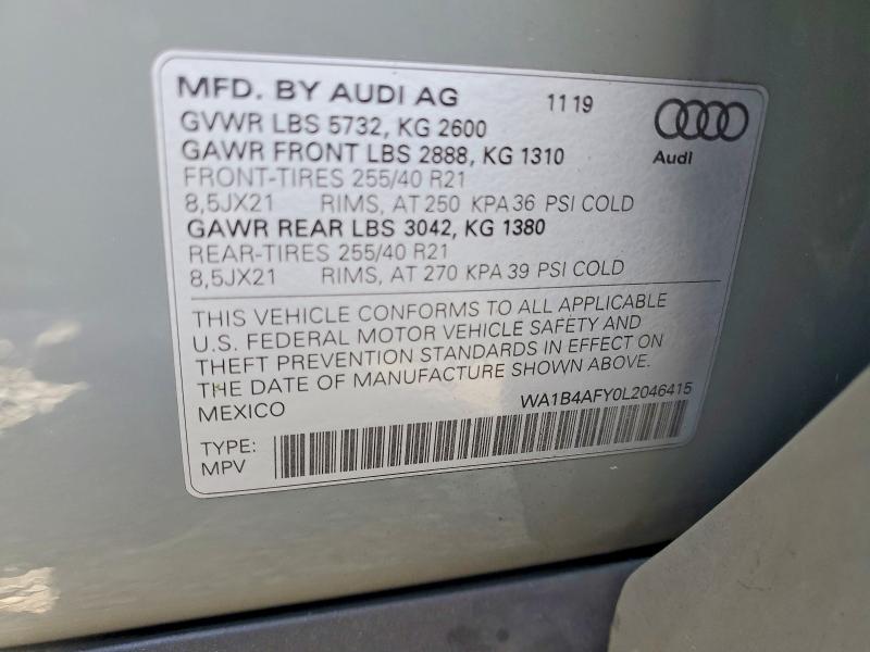 2020 Audi Sq5 მანქანა იყიდება აუქციონზე, vin: WA1B4AFY0L2046415, აუქციონის ნომერი: 52740276