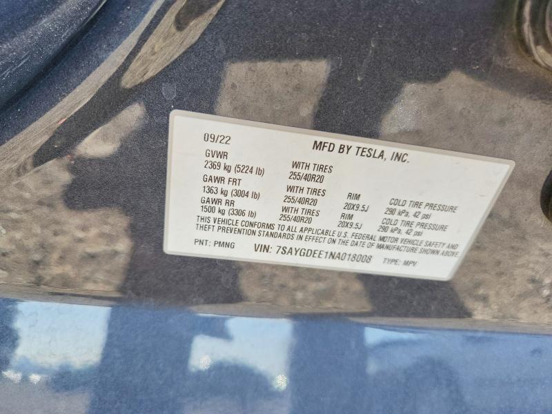 Продажа на аукционе авто 2022 Tesla Model Y, vin: 7SAYGDEE1NA018008, номер лота: 54285156