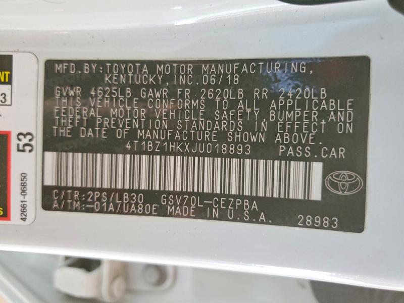 2018 Toyota Camry მანქანა იყიდება აუქციონზე, vin: 4T1BZ1HKXJU018893, აუქციონის ნომერი: 53408046