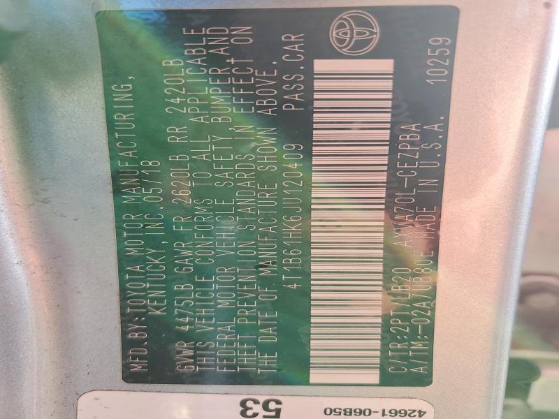 2018 Toyota Camry მანქანა იყიდება აუქციონზე, vin: 4T1B61HK6JU120409, აუქციონის ნომერი: 54213166