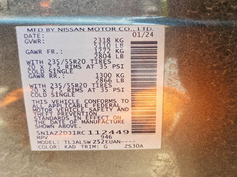 Aukcja sprzedaży 2024 Nissan Murano, vin: 5N1AZ2DJ1RC112449, numer aukcji: 55320616