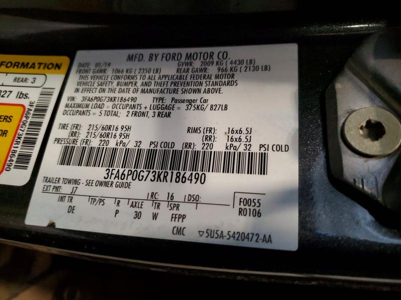 2019 Ford Fusion მანქანა იყიდება აუქციონზე, vin: 3FA6P0G73KR186490, აუქციონის ნომერი: 53360746