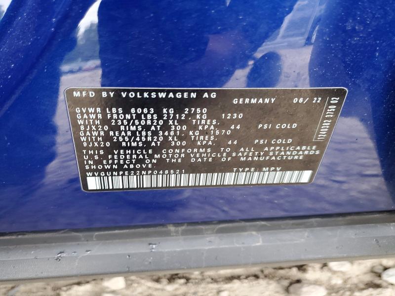 2022 Volkswagen Id.4 მანქანა იყიდება აუქციონზე, vin: WVGUNPE22NP048521, აუქციონის ნომერი: 51772786