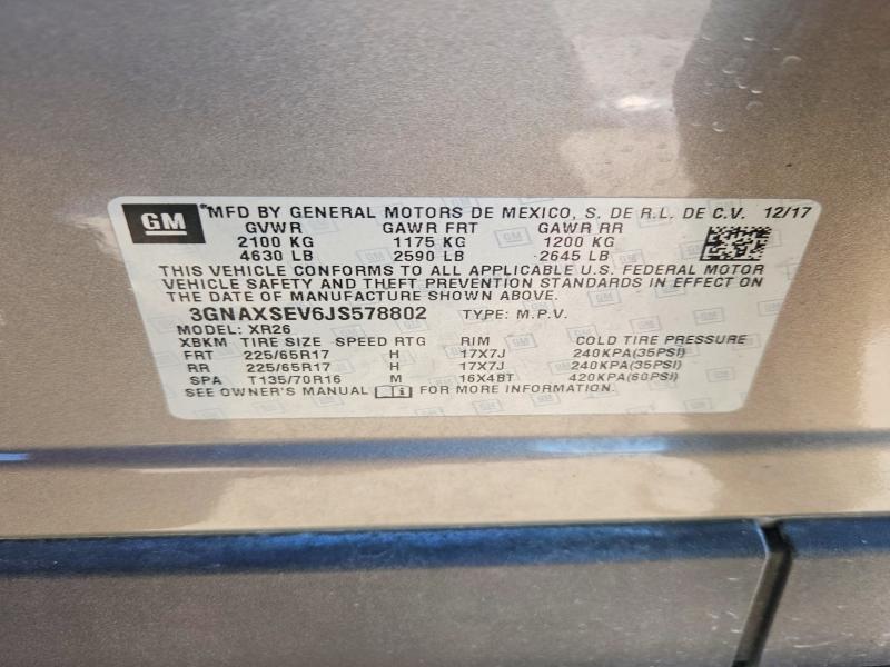 2018 Chevrolet Equinox მანქანა იყიდება აუქციონზე, vin: 3GNAXSEV6JS578802, აუქციონის ნომერი: 52069216