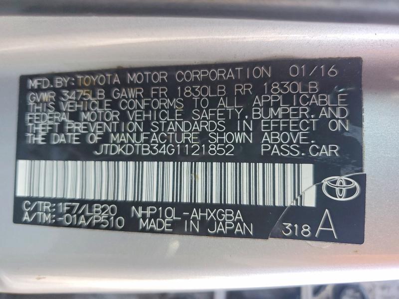 2016 Toyota Prius C მანქანა იყიდება აუქციონზე, vin: JTDKDTB34G1121852, აუქციონის ნომერი: 54894266