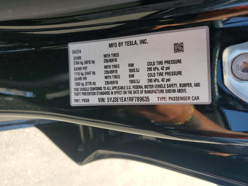 2024 Tesla Model 3 მანქანა იყიდება აუქციონზე, vin: 5YJ3E1EA1RF789635, აუქციონის ნომერი: 54693136