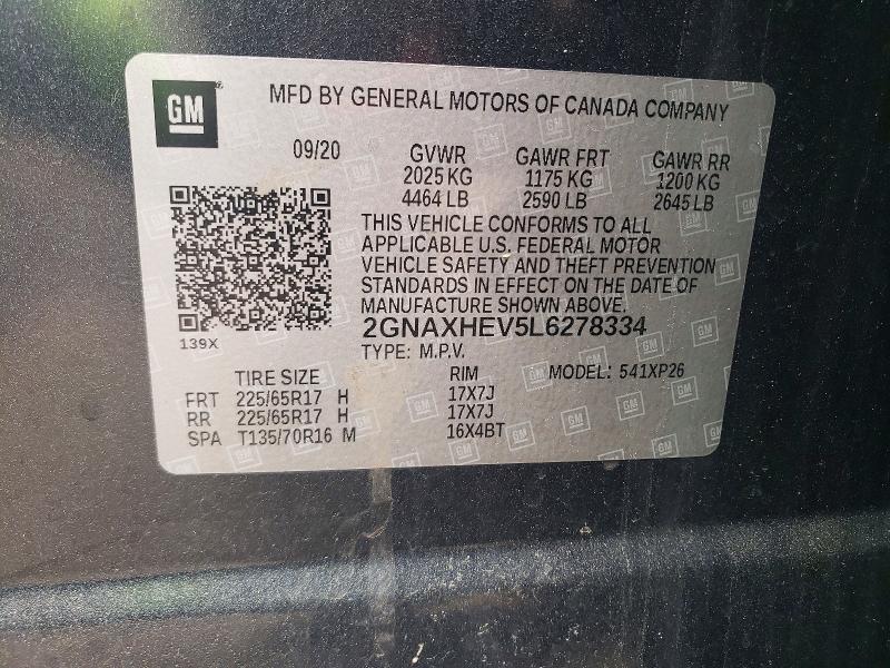 Продажа на аукционе авто 2020 Chevrolet Equinox, vin: 2GNAXHEV5L6278334, номер лота: 53808886