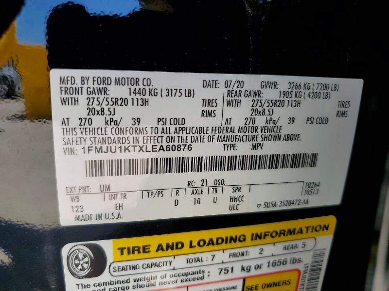 2020 Ford Expedition მანქანა იყიდება აუქციონზე, vin: 1FMJU1KTXLEA60876, აუქციონის ნომერი: 53741866