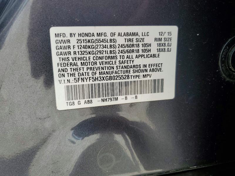 54987926 :رقم المزاد ، 5FNYF5H3XGB025528 vin ، 2016 Honda Pilot مزاد بيع