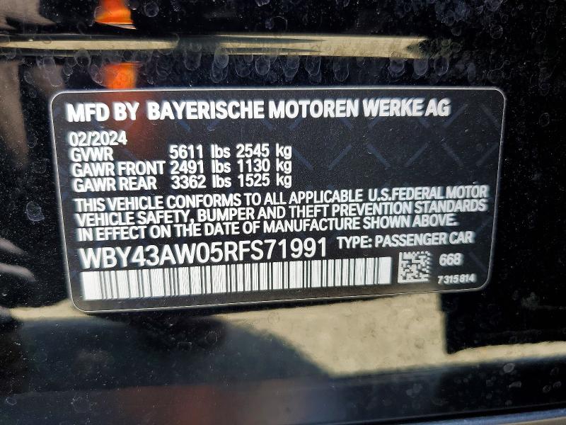 2024 Bmw I4 მანქანა იყიდება აუქციონზე, vin: WBY43AW05RFS71991, აუქციონის ნომერი: 53595476