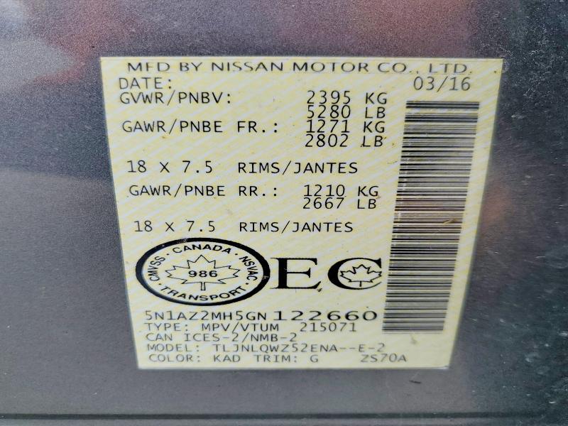 55091706 :رقم المزاد ، 5N1AZ2MH5GN122660 vin ، 2016 Nissan Murano مزاد بيع
