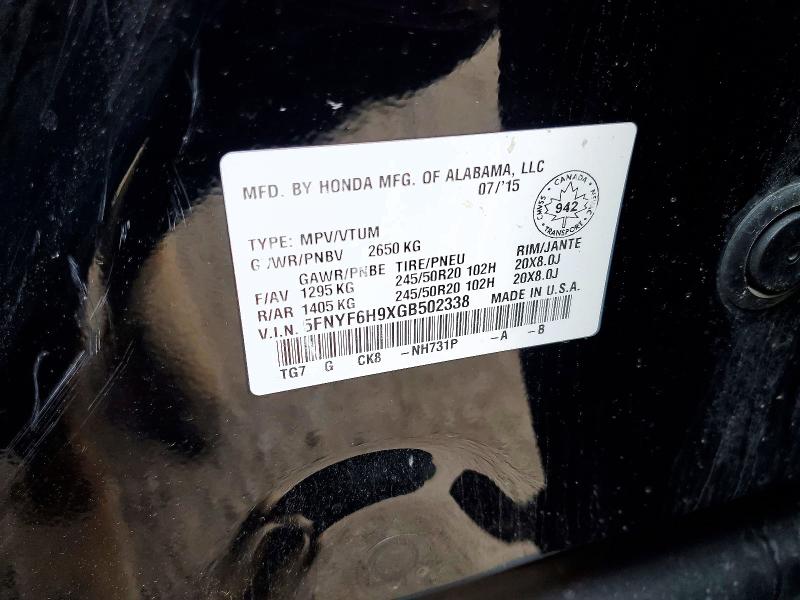 Продажа на аукционе авто 2016 Honda Pilot, vin: 5FNYF6H9XGB502338, номер лота: 52506136