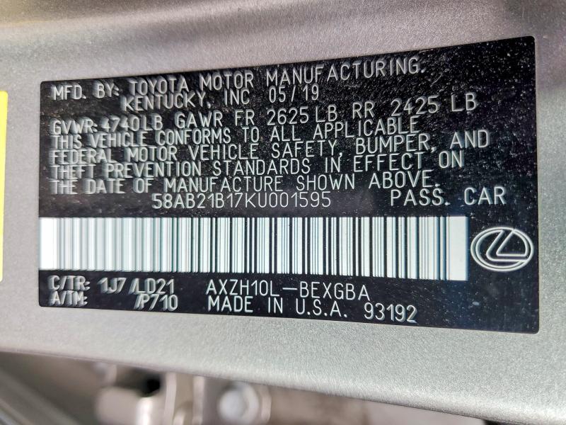 Aukcja sprzedaży 2019 Lexus Es, vin: 58AB21B17KU001595, numer aukcji: 52612276