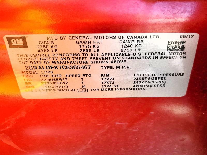 52886066 :رقم المزاد ، 2GNALDEK7C6365467 vin ، 2012 Chevrolet Equinox مزاد بيع