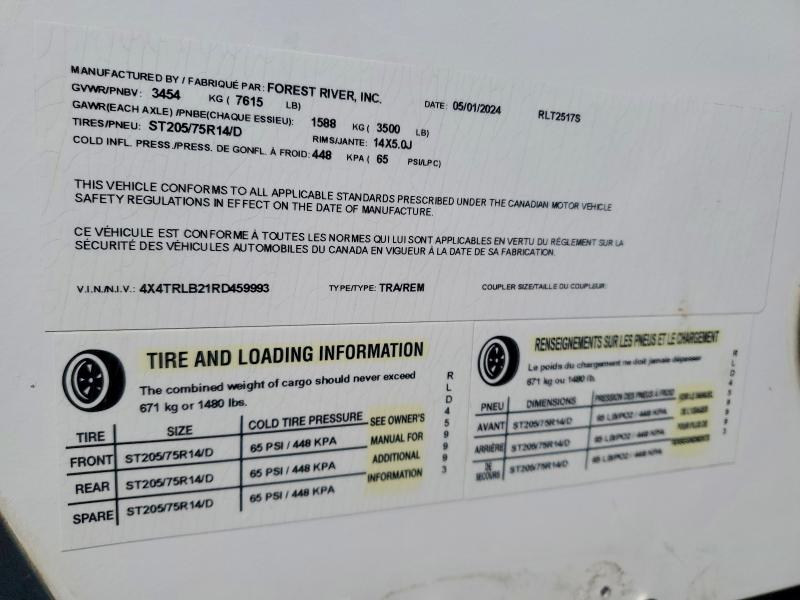 Продаж на аукціоні авто 2024 Forester River Recreational Vehicle (rv), vin: 4X4TRLB21RD459993, номер лоту: 52194156