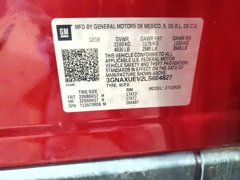Aukcja sprzedaży 2020 Chevrolet Equinox, vin: 3GNAXUEV2LS604827, numer aukcji: 53997956