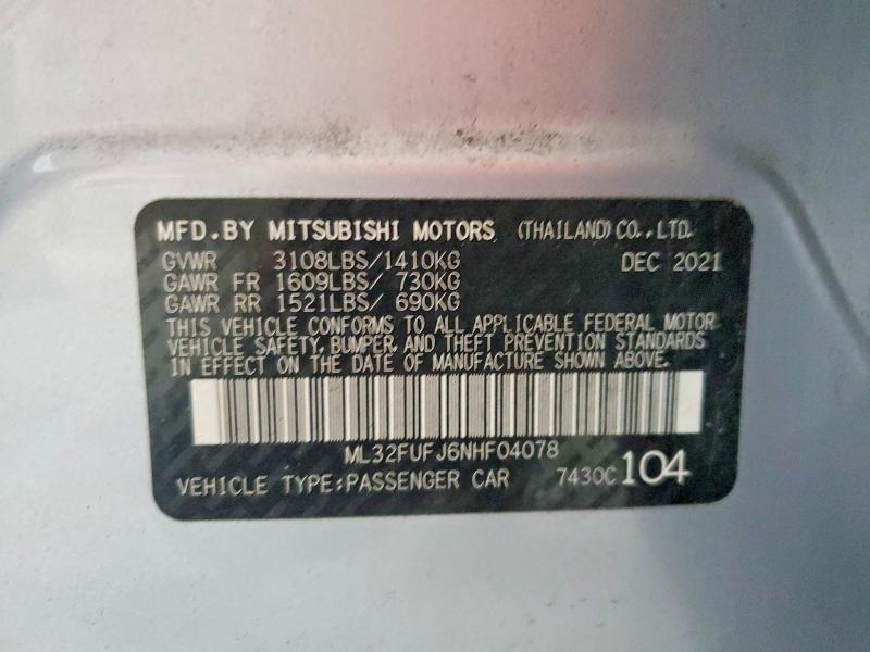 Aukcja sprzedaży 2022 Mitsubishi Mirage, vin: ML32FUFJ6NHF04078, numer aukcji: 54505546