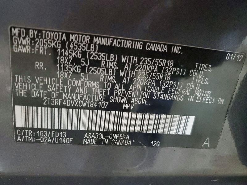 55354206 :رقم المزاد ، 2T3RF4DVXCW184107 vin ، 2012 Toyota Rav4 مزاد بيع