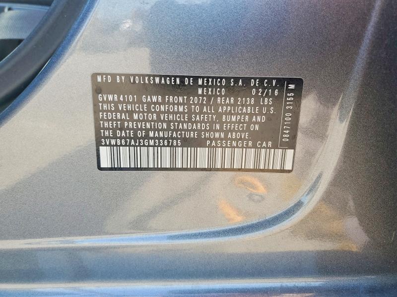 2016 Volkswagen Jetta მანქანა იყიდება აუქციონზე, vin: 3VWB67AJ3GM336785, აუქციონის ნომერი: 54285266