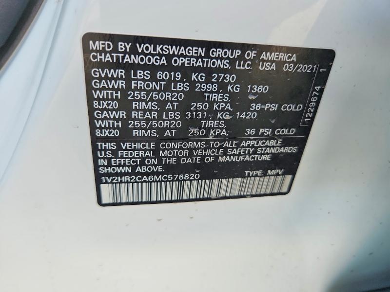2021 Volkswagen Atlas მანქანა იყიდება აუქციონზე, vin: 1V2HR2CA6MC576820, აუქციონის ნომერი: 53905236
