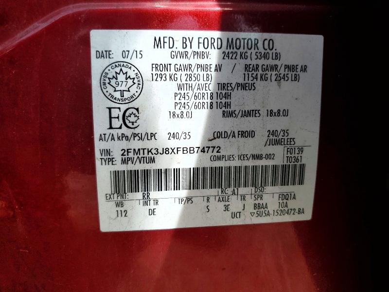 2015 Ford Edge მანქანა იყიდება აუქციონზე, vin: 2FMTK3J8XFBB74772, აუქციონის ნომერი: 54779296
