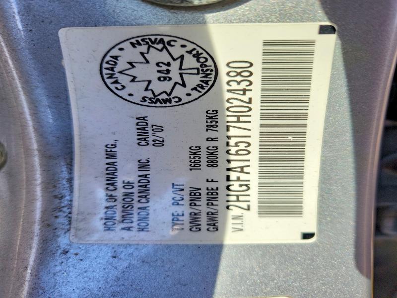 2007 Honda Civic მანქანა იყიდება აუქციონზე, vin: 2HGFA16517H024380, აუქციონის ნომერი: 53007956