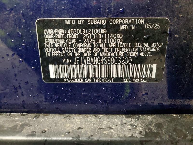 Продаж на аукціоні авто 2025 Subaru Wrx, vin: JF1VBAN64S8803200, номер лоту: 52089386