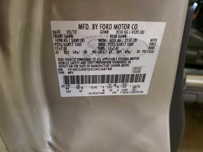 52043486 :رقم المزاد ، 1FMCU0EG3CKC44785 vin ، 2012 Ford Escape مزاد بيع