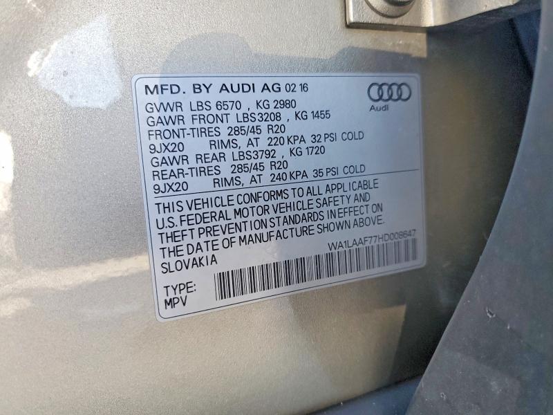 Aukcja sprzedaży 2017 Audi Q7, vin: WA1LAAF77HD008647, numer aukcji: 54288366