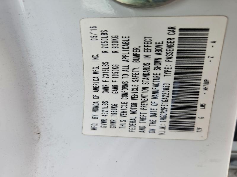 Aukcja sprzedaży 2016 Honda Accord, vin: 1HGCR2F51GA220853, numer aukcji: 52961466
