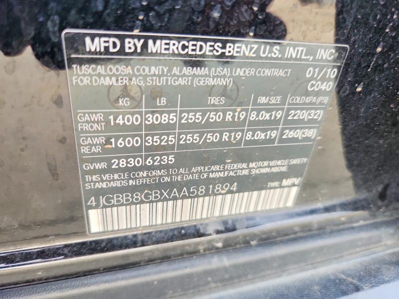 55046546 :رقم المزاد ، 4JGBB8GBXAA581894 vin ، 2010 Mercedes-benz Ml مزاد بيع