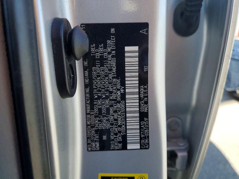 Aukcja sprzedaży 2012 Toyota Highlander, vin: 5TDDK3EH1CS100850, numer aukcji: 53845226