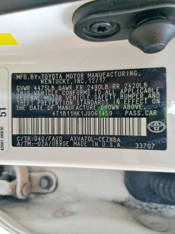 Aukcja sprzedaży 2018 Toyota Camry, vin: 4T1B11HK1JU061459, numer aukcji: 50776966