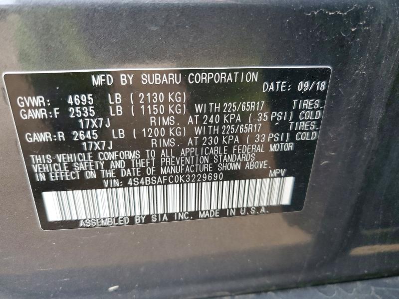 Aukcja sprzedaży 2019 Subaru Outback, vin: 4S4BSAFC0K3229690, numer aukcji: 52187716