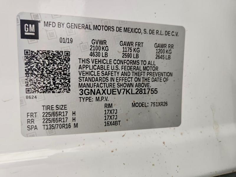 Aukcja sprzedaży 2019 Chevrolet Equinox, vin: 3GNAXUEV7KL281755, numer aukcji: 53081666