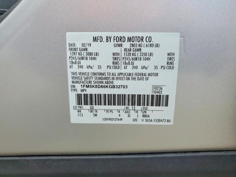 55335696 :رقم المزاد ، 1FM5K8D86KGB32703 vin ، 2019 Ford Explorer مزاد بيع