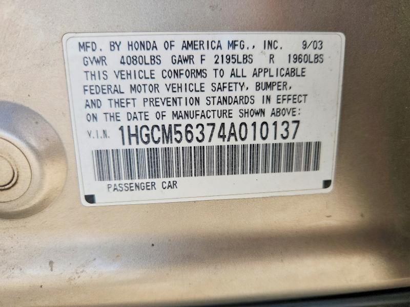 Продаж на аукціоні авто 2004 Honda Accord, vin: 1HGCM56374A010137, номер лоту: 52404476