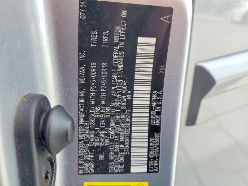 Aukcja sprzedaży 2014 Toyota Highlander, vin: 5TDKKRFH3ES036273, numer aukcji: 53157856