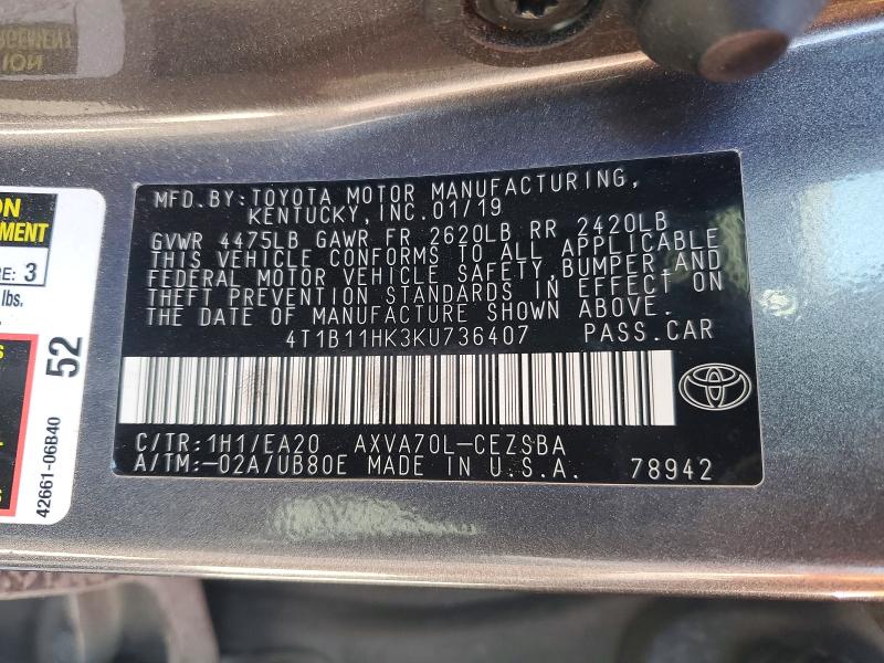 Auction sale of the 2019 Toyota Camry, vin: 4T1B11HK3KU736407, lot number: 81314265
