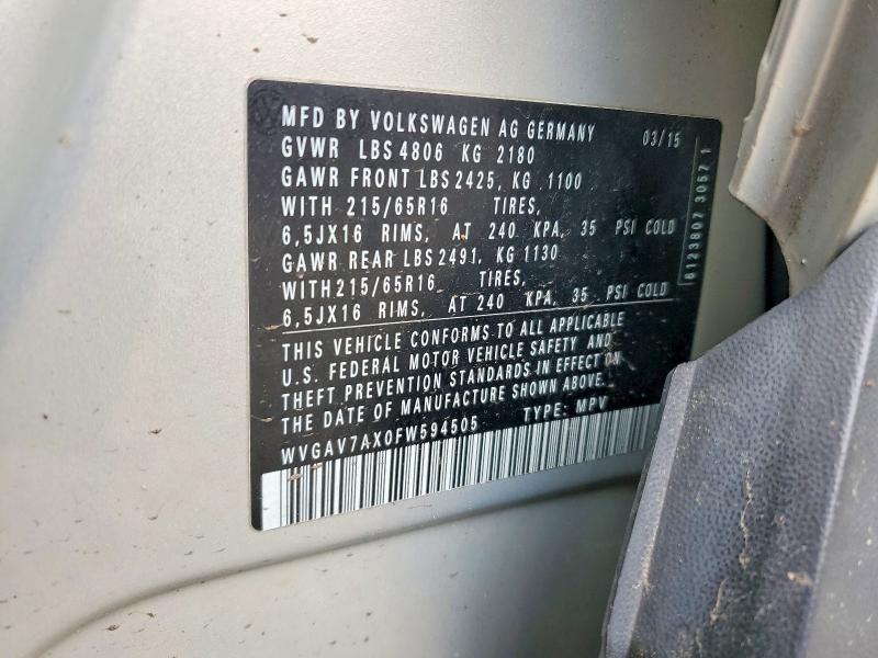 Aukcja sprzedaży 2015 Volkswagen Tiguan, vin: WVGAV7AX0FW594505, numer aukcji: 53987716