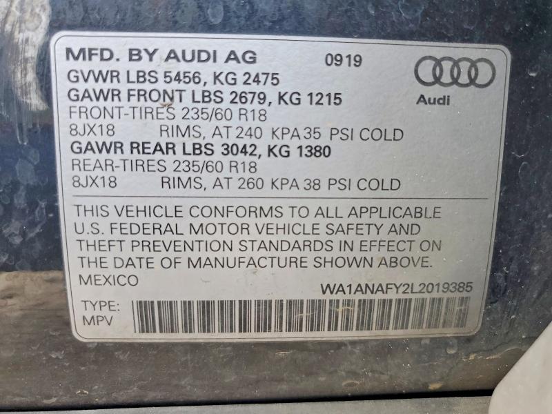 52877236 :رقم المزاد ، WA1ANAFY2L2019385 vin ، 2020 Audi Q5 مزاد بيع
