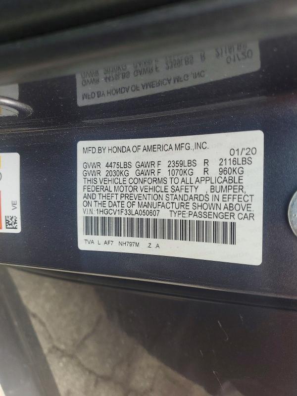 Aukcja sprzedaży 2020 Honda Accord, vin: 1HGCV1F33LA050607, numer aukcji: 54535696